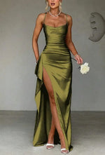 Mia Ruched Sweetheart Bodycon Satin Maxi Dress with Slit