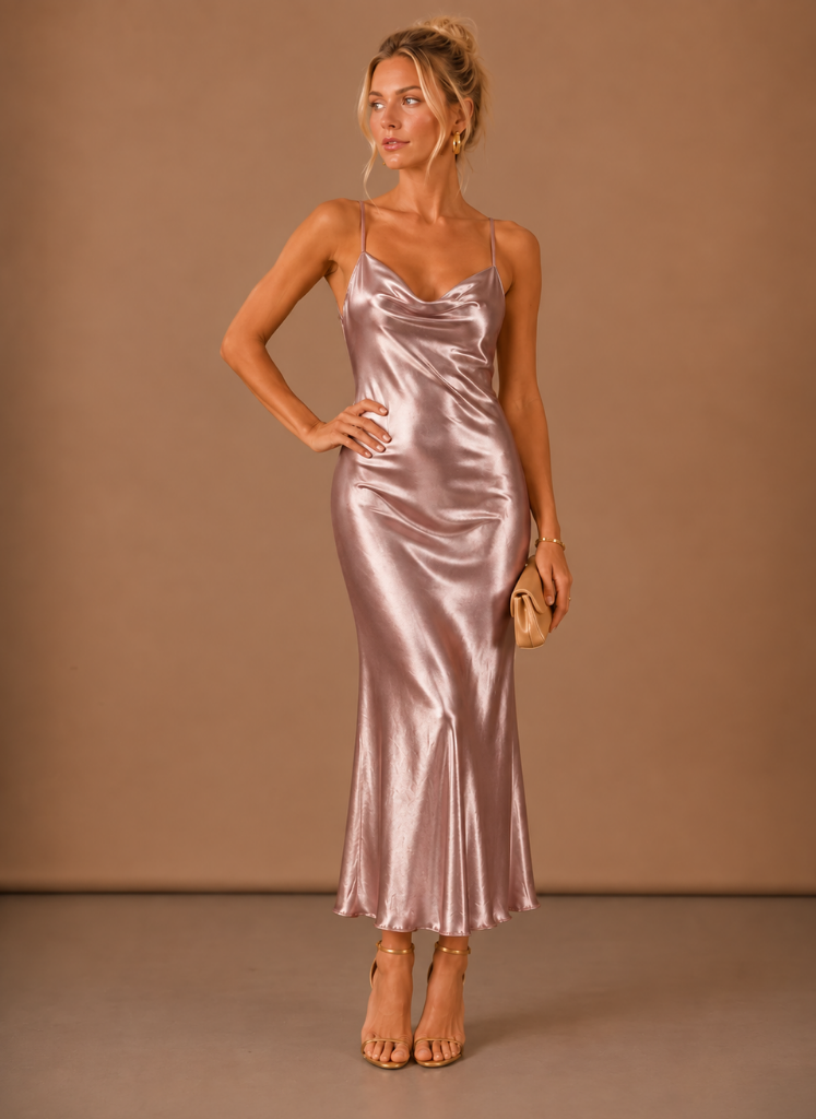 Women’s Satin Cowl Neck Midi Dress – Elegant Evening Occasion | Areleon