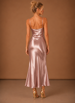 Women’s Satin Cowl Neck Midi Dress – Elegant Evening Occasion | Areleon