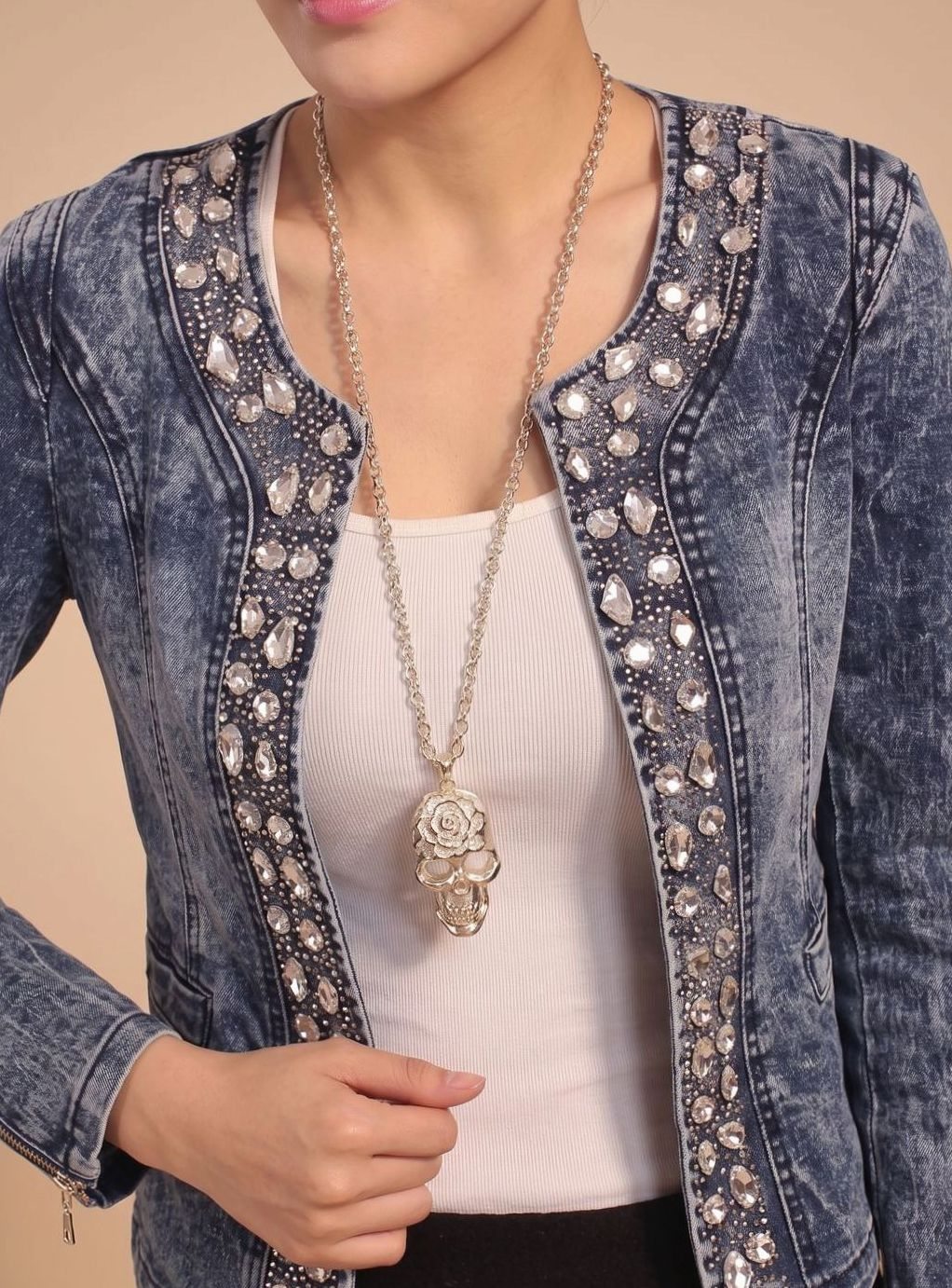 Lena Rhinestone Cropped Denim Jacket