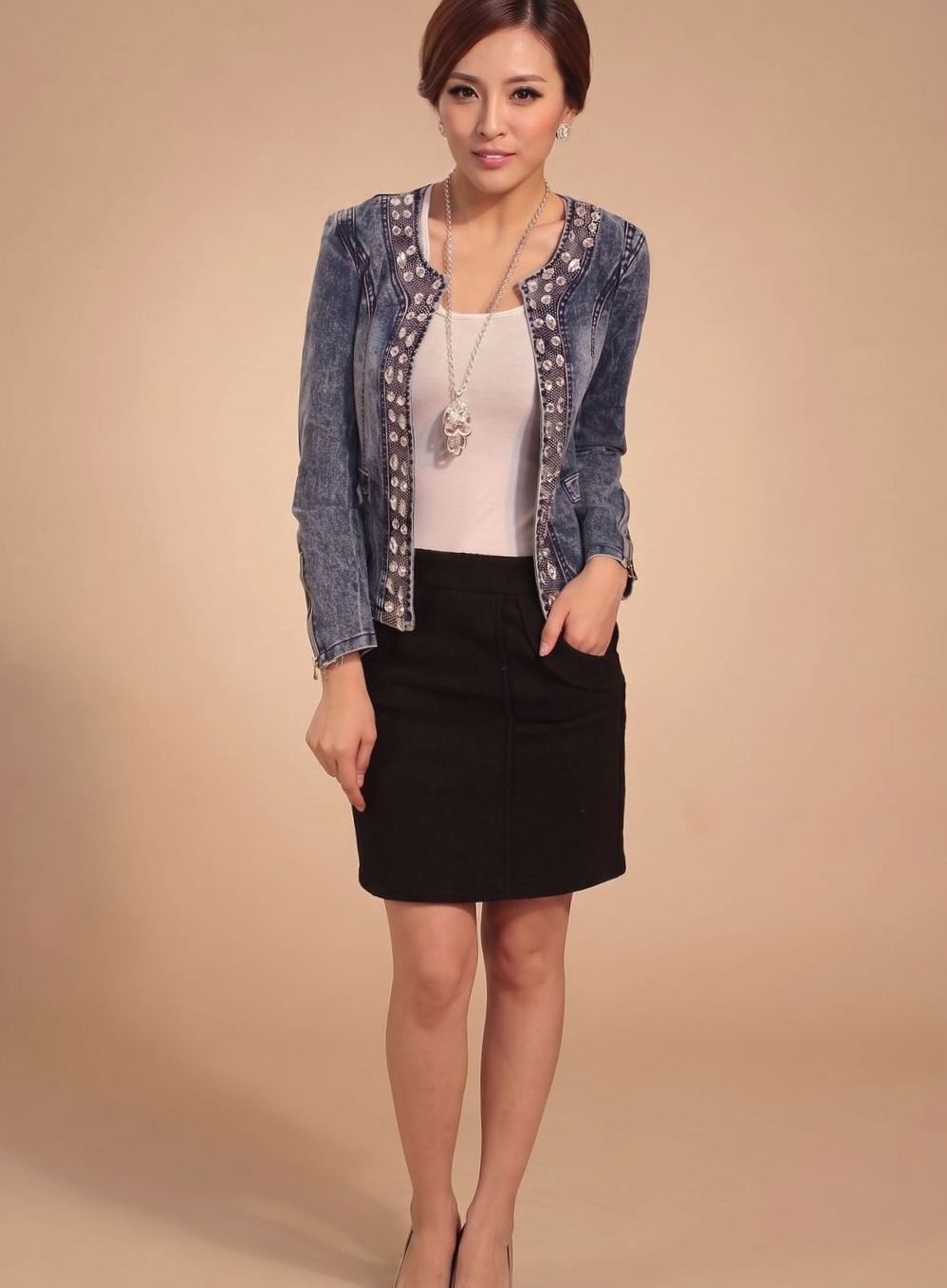 Lena Rhinestone Cropped Denim Jacket