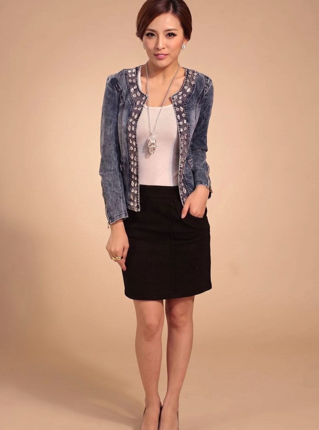 Lena Rhinestone Cropped Denim Jacket