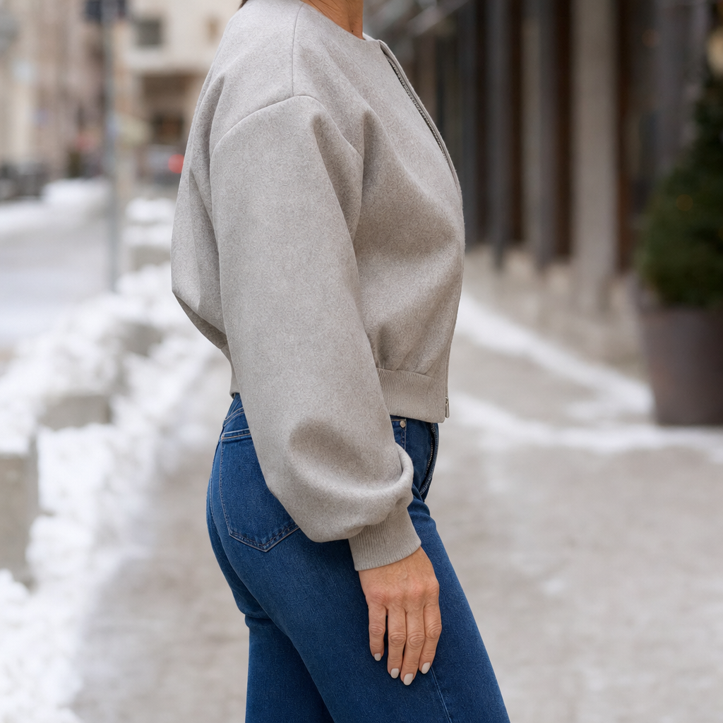 Bexley Fleece Bomber Jacket in gray, side view