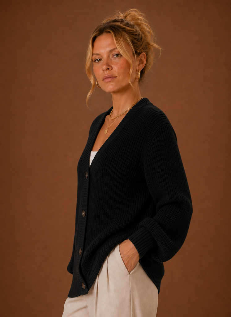 Women's V-Neck Knit Cardigan - Button Front Long Sleeve Sweater | Areleon
