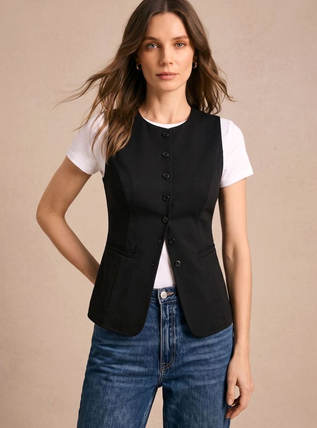 Clara Elegant Button-Front Sleeveless Vest