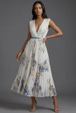 Amelie Floral Midi Dress with Deep V-Neck and Pleated Skirt