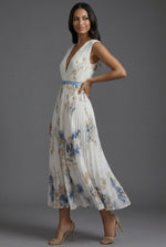 Amelie Floral Midi Dress with Deep V-Neck and Pleated Skirt