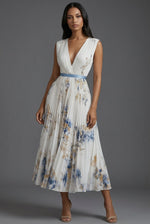 Amelie Floral Midi Dress with Deep V-Neck and Pleated Skirt