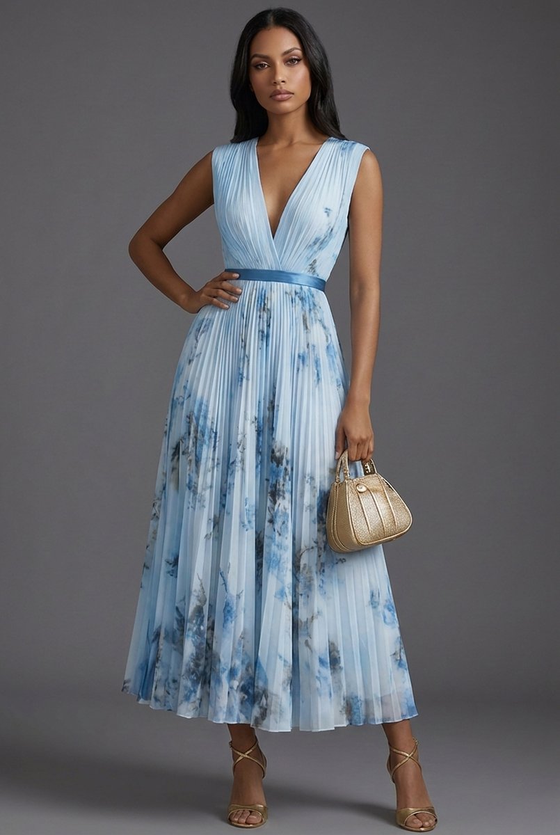 Amelie Floral Midi Dress with Deep V-Neck and Pleated Skirt