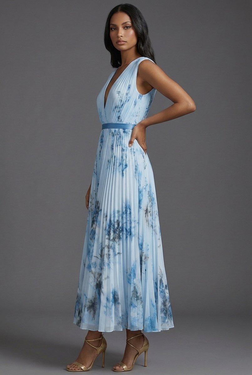 Amelie Floral Midi Dress with Deep V-Neck and Pleated Skirt