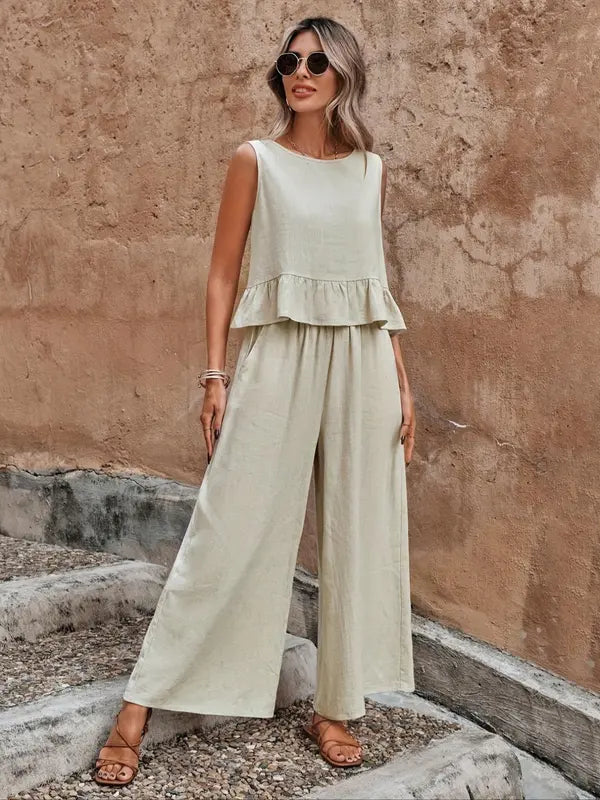 Sage | Sleeveless Ruffle Top & Wide Leg Pants Set