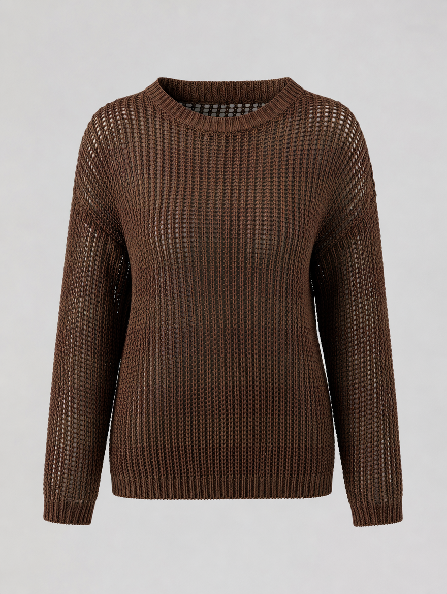 Calder Open Weave Knit Sweater in chocolate brown, product shot
