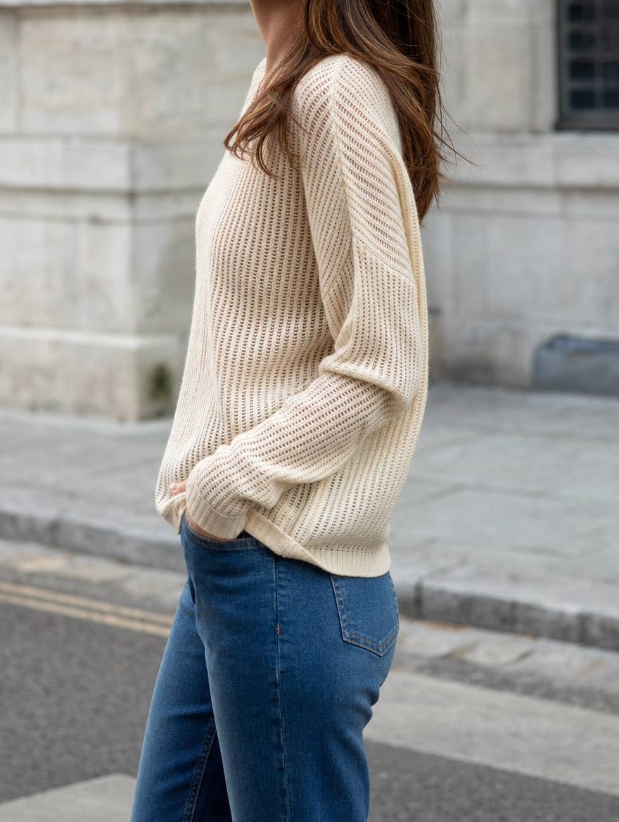 Calder Open Weave Knit Sweater in cream, side view