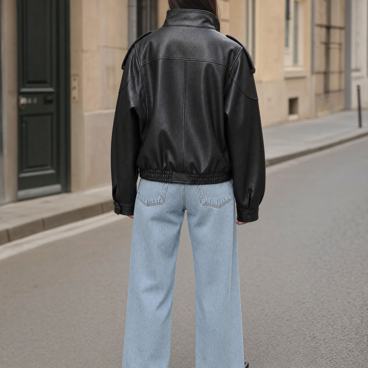 Camden faux leather bomber jacket, back view
