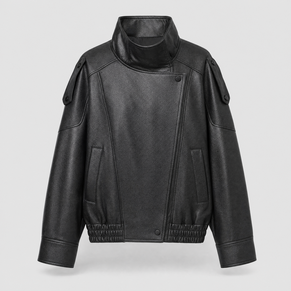 Camden faux leather bomber jacket product shot on light grey background