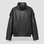 Camden faux leather bomber jacket product shot on light grey background