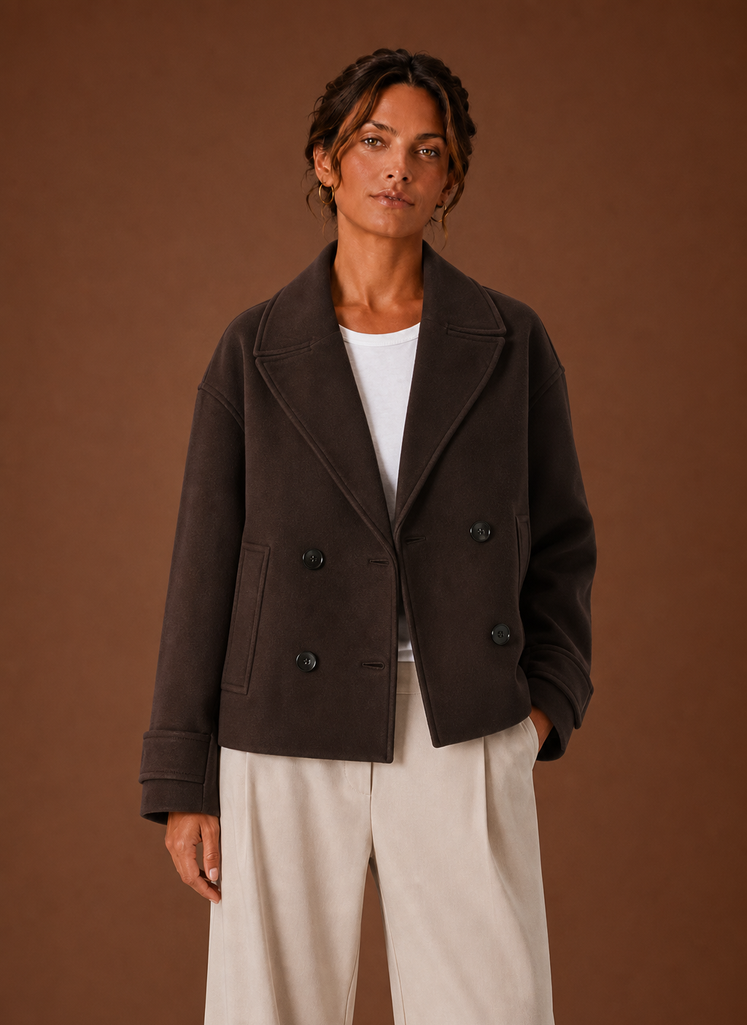 Women's Double-Breasted Cropped Coat - Wide Lapel Jacket | Areleon