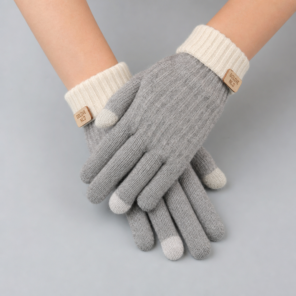 Colby Knit Touchscreen Gloves in grey worn on the hands