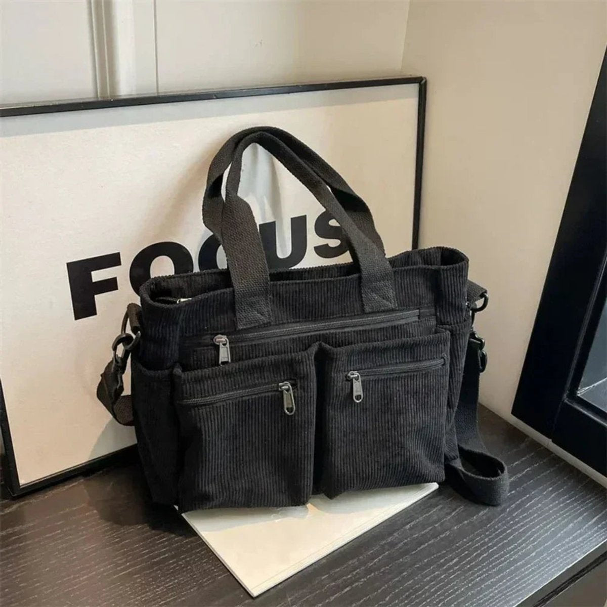 Nora Corduroy Tote Bag with Multiple Zip Pockets