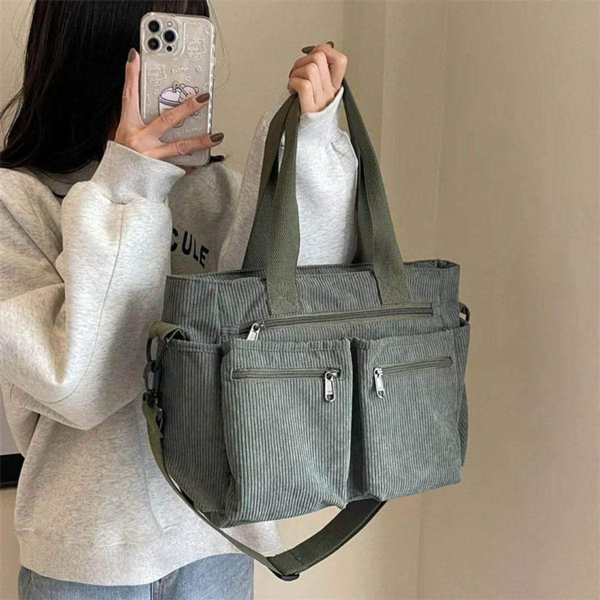 Nora Corduroy Tote Bag with Multiple Zip Pockets