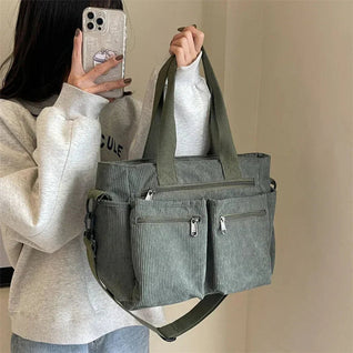 Nora Corduroy Tote Bag with Multiple Zip Pockets