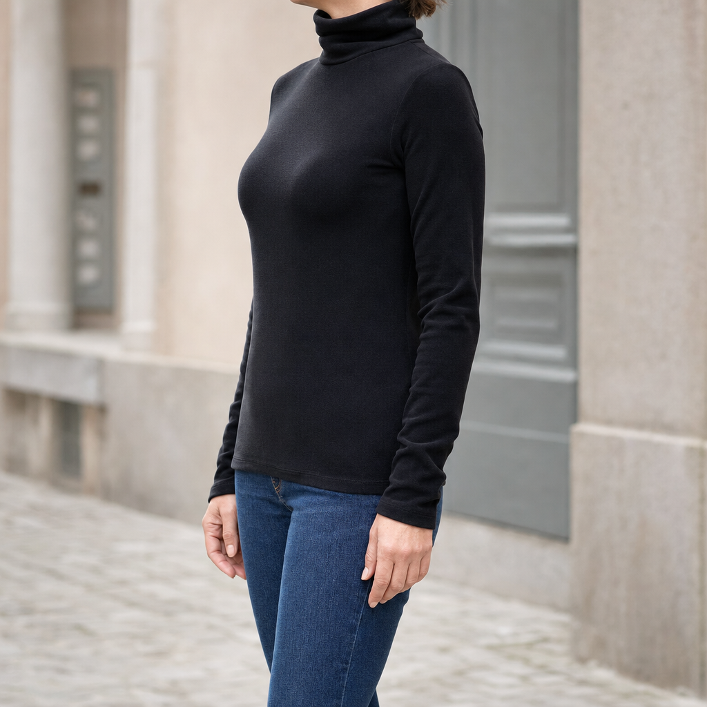Cranbourne Funnel Neck Thermal Top in black, side view