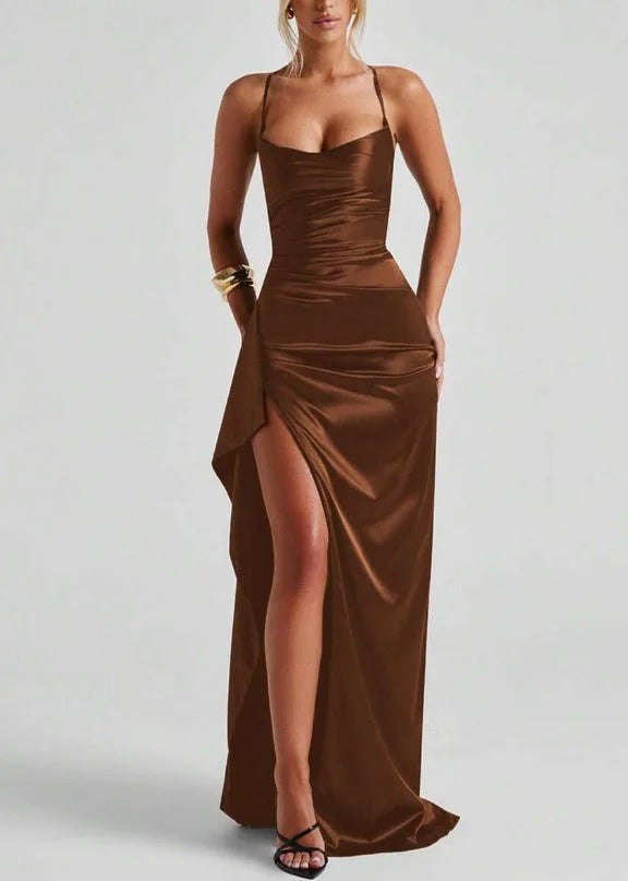 Mia Ruched Sweetheart Bodycon Satin Maxi Dress with Slit