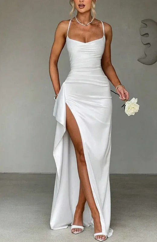 Mia Ruched Sweetheart Bodycon Satin Maxi Dress with Slit