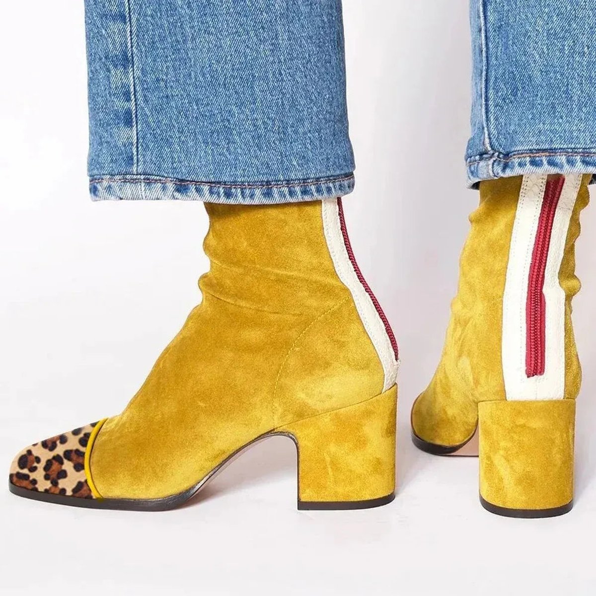 Lena Suede Block Heel Ankle Boots with Leopard-Print Cap Toe
