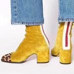Lena Suede Block Heel Ankle Boots with Leopard-Print Cap Toe
