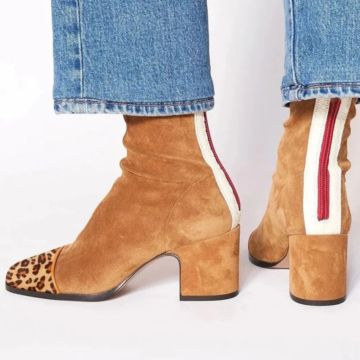 Lena Suede Block Heel Ankle Boots with Leopard-Print Cap Toe