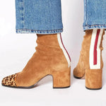 Lena Suede Block Heel Ankle Boots with Leopard-Print Cap Toe