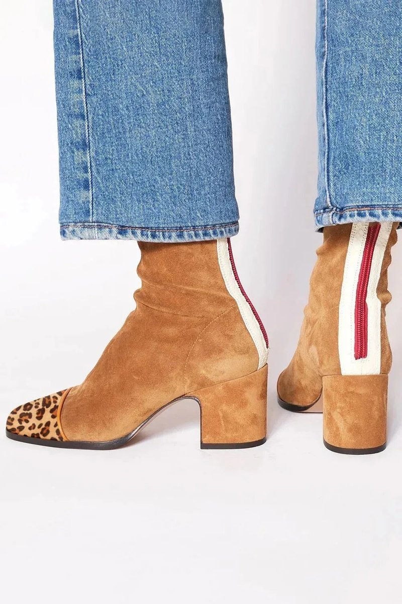 Lena Suede Block Heel Ankle Boots with Leopard-Print Cap Toe