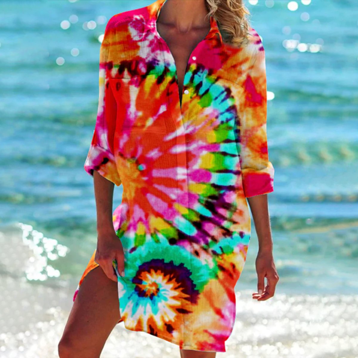 Mia Tie-Dye Relaxed Long-Sleeve Shirt Dress