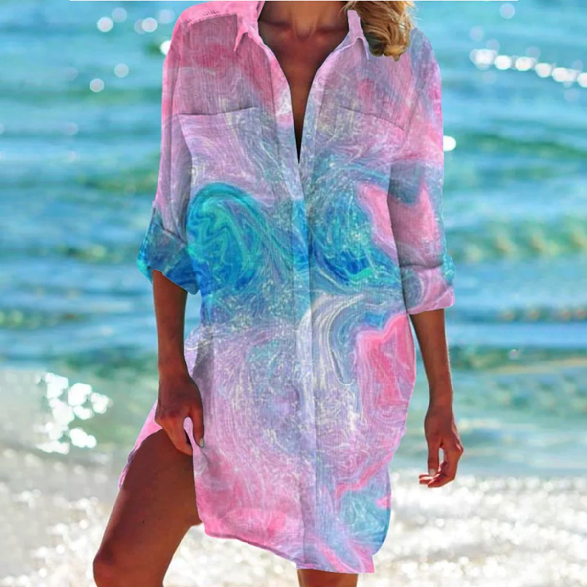 Mia Tie-Dye Relaxed Long-Sleeve Shirt Dress