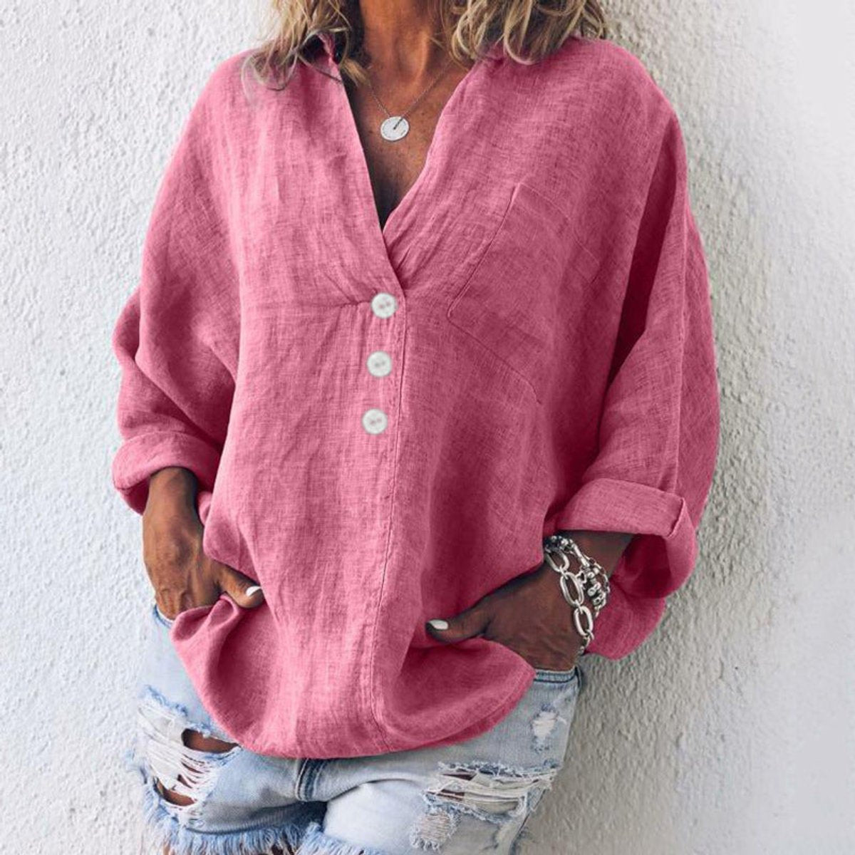 Elfriede Linen Blend Oversized V-Neck Blouse