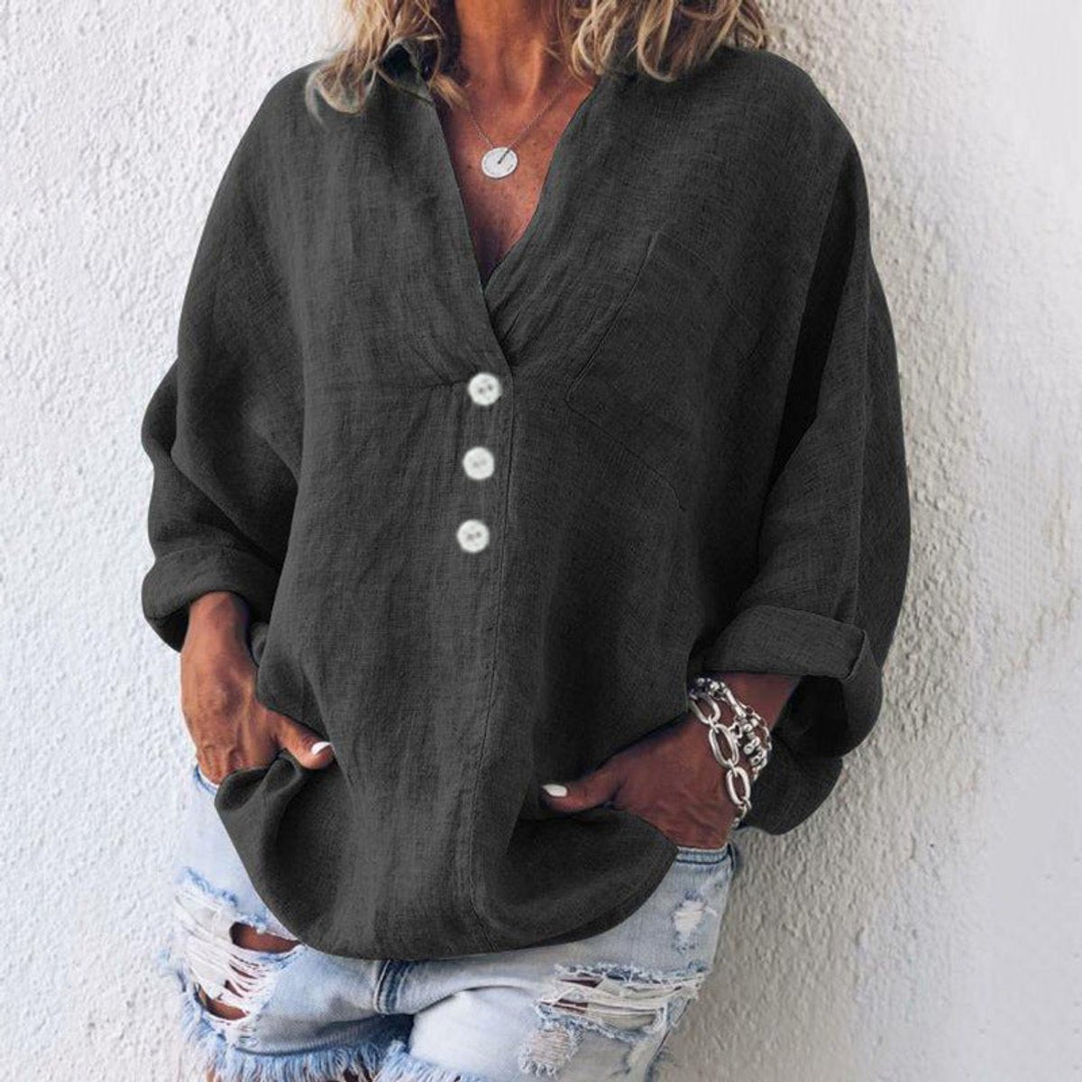 Elfriede Linen Blend Oversized V-Neck Blouse