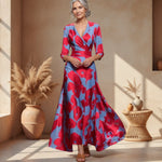 Katharina Printed Wrap Dress with 3/4 Sleeves