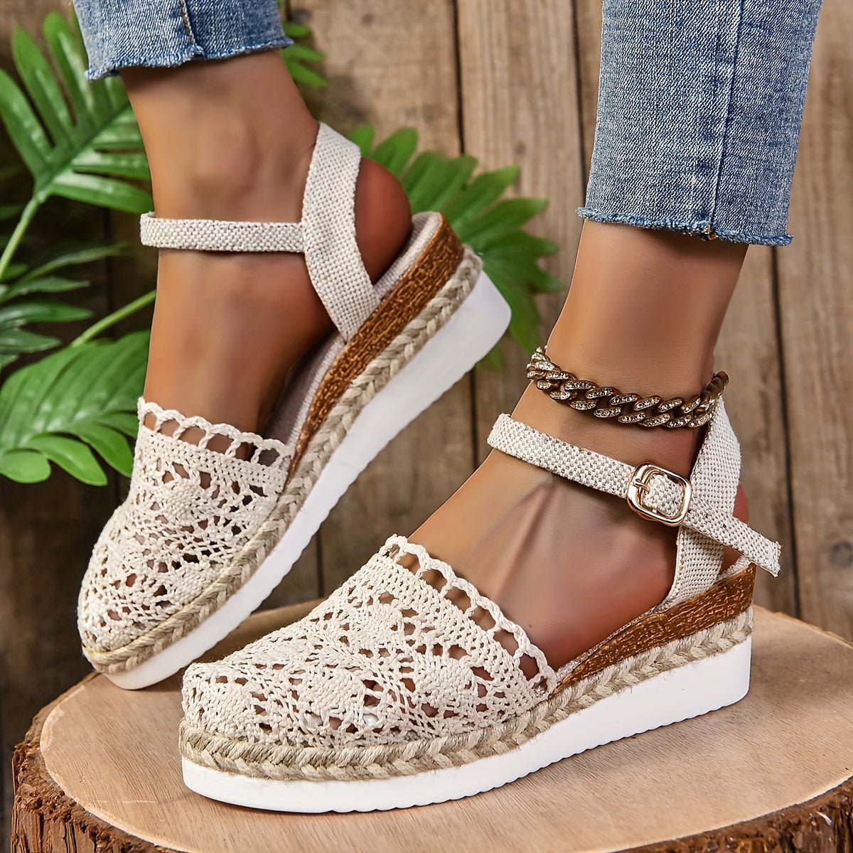 Clara Crochet-Style Wedge Ankle-Strap Sandals