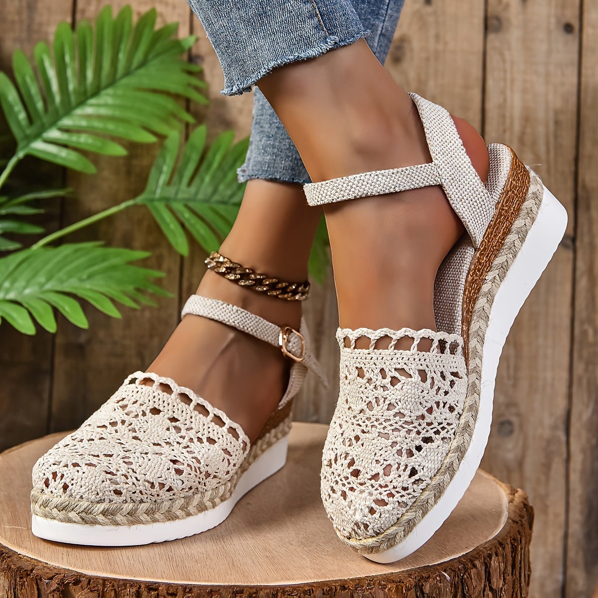 Clara Crochet-Style Wedge Ankle-Strap Sandals