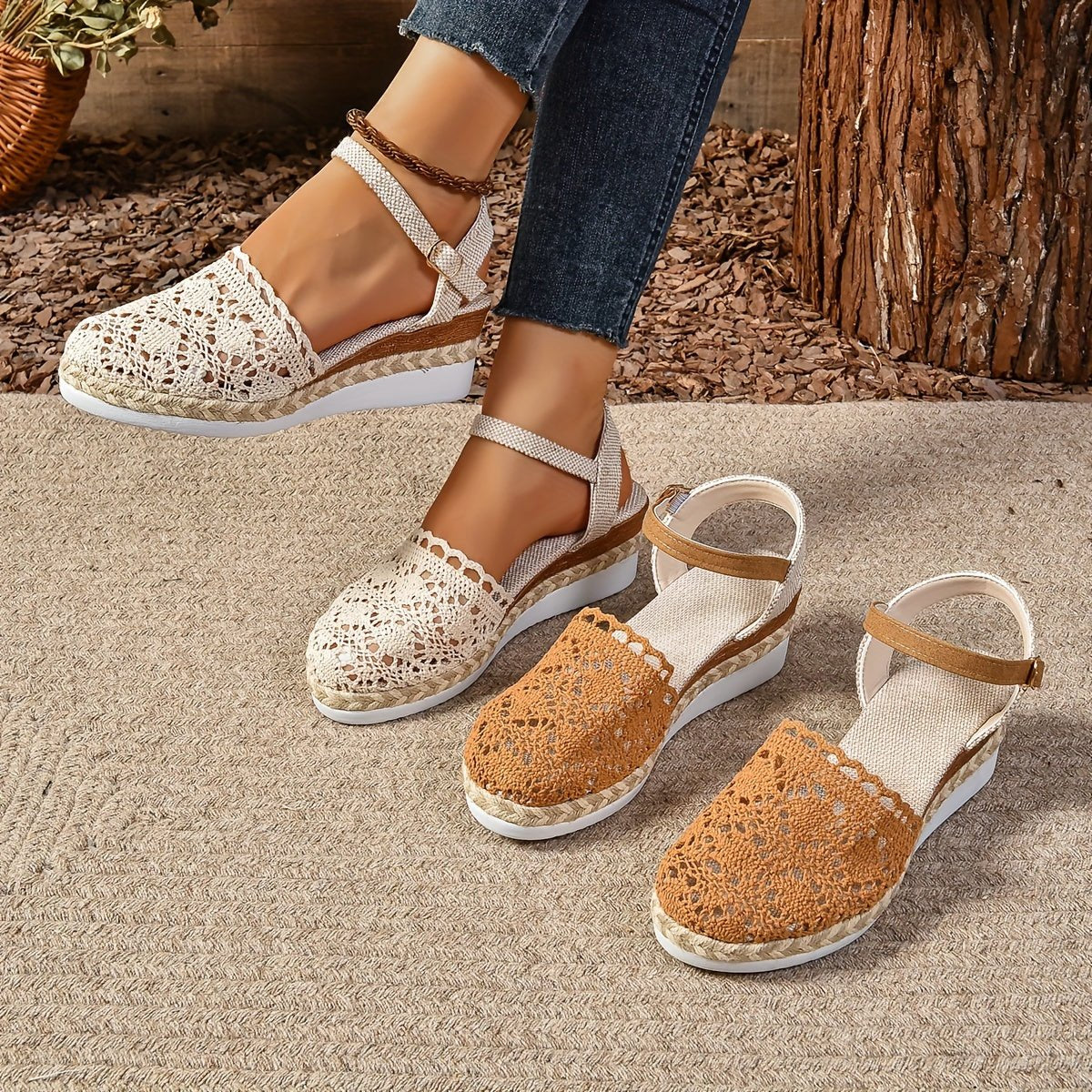 Clara Crochet-Style Wedge Ankle-Strap Sandals
