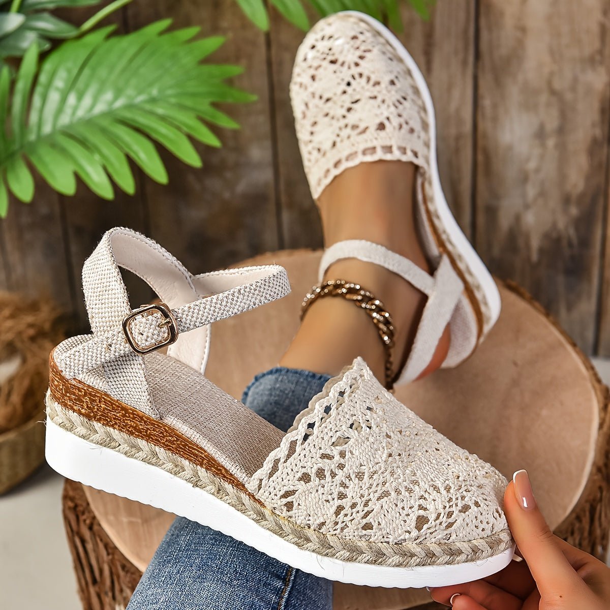 Clara Crochet-Style Wedge Ankle-Strap Sandals