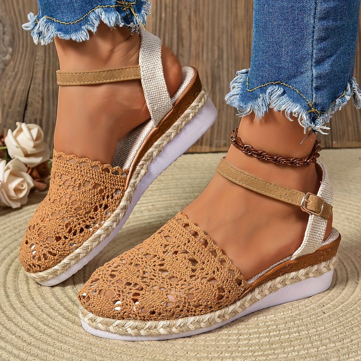 Clara Crochet-Style Wedge Ankle-Strap Sandals