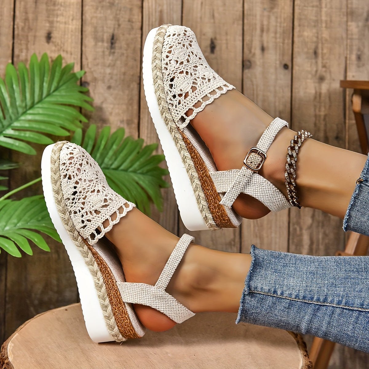 Clara Crochet-Style Wedge Ankle-Strap Sandals