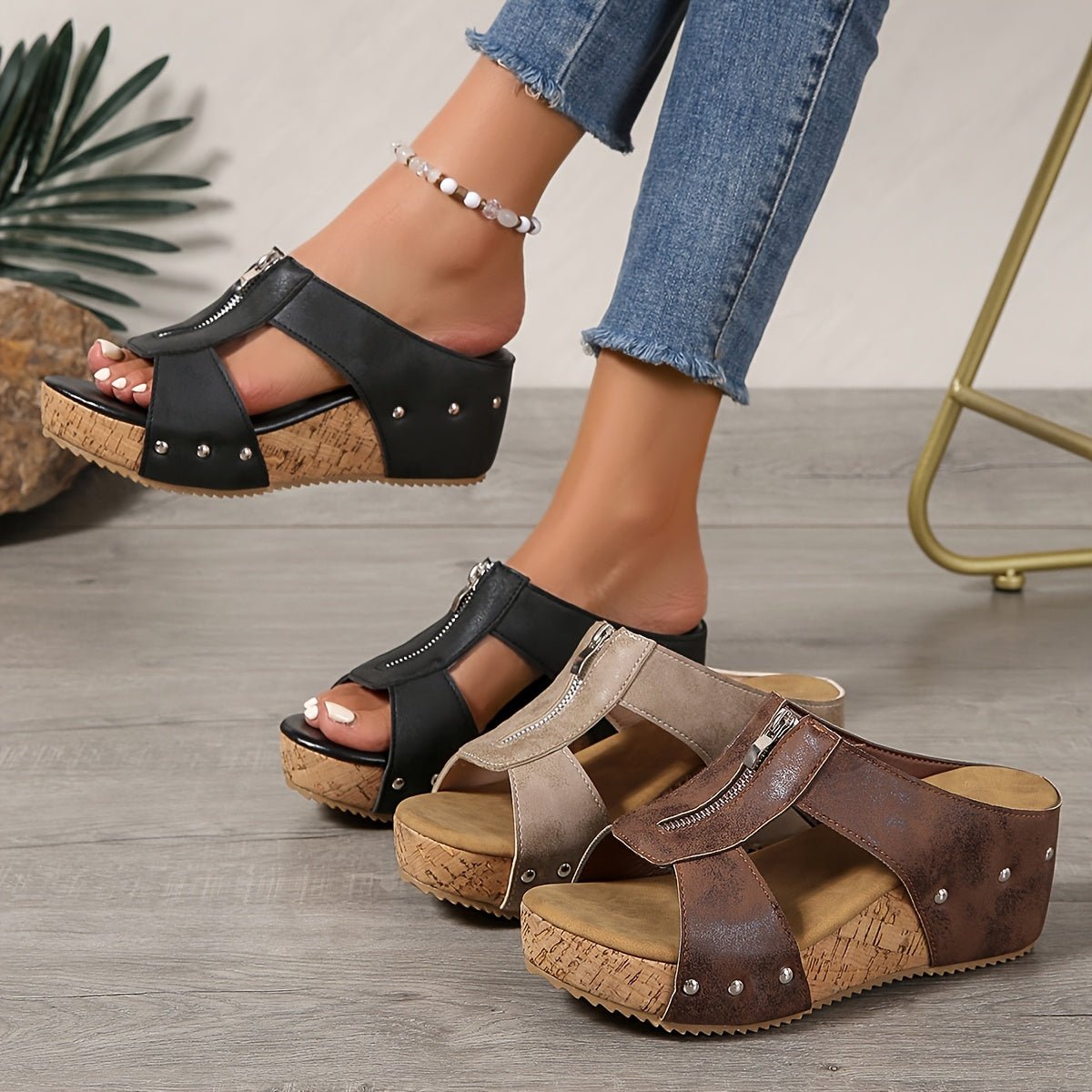 Katharina Cork Wedge Platform Sandals with Zip Closure