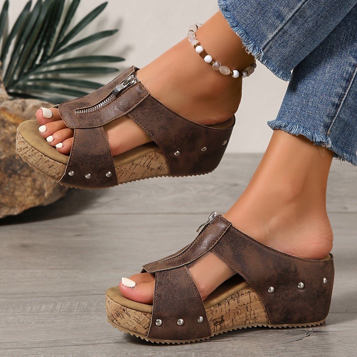 Katharina Cork Wedge Platform Sandals with Zip Closure
