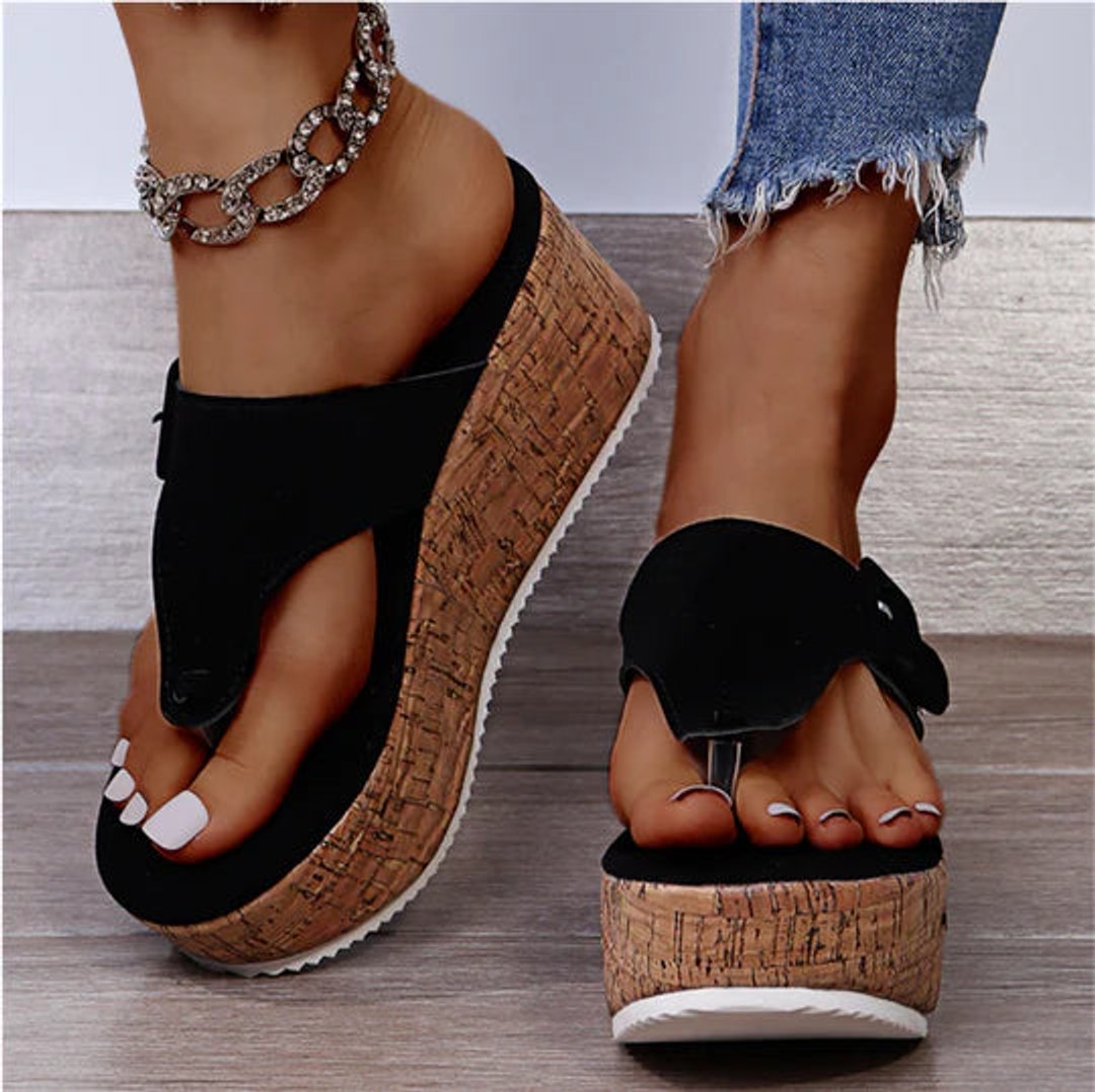Marie Cork Wedge Thong Sandals with Bow Detail
