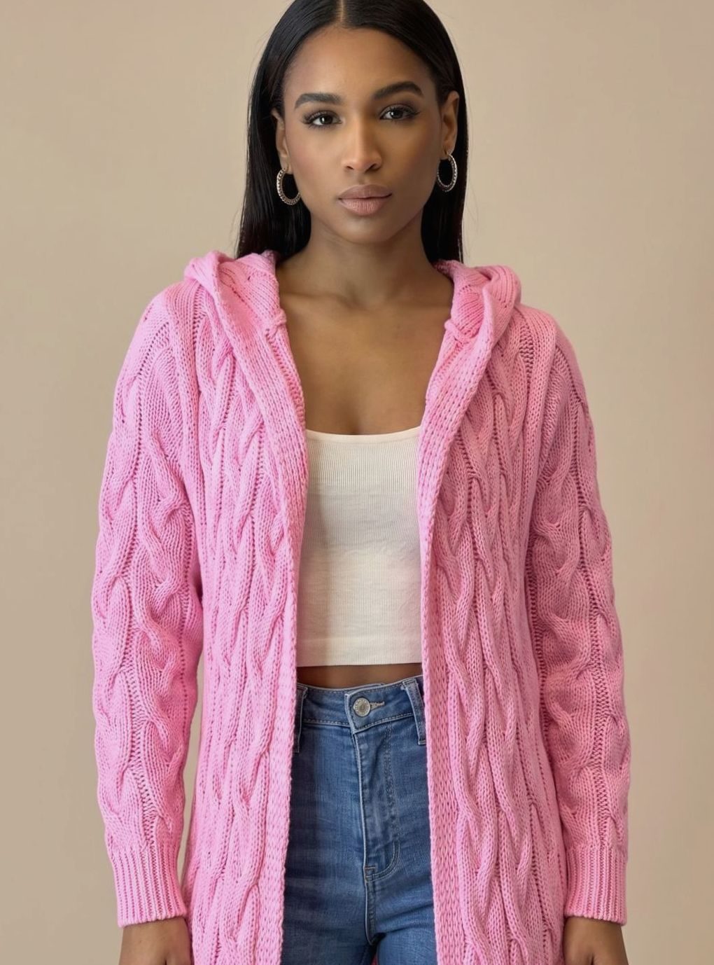 Clara Long Hooded Cable-Knit Cardigan