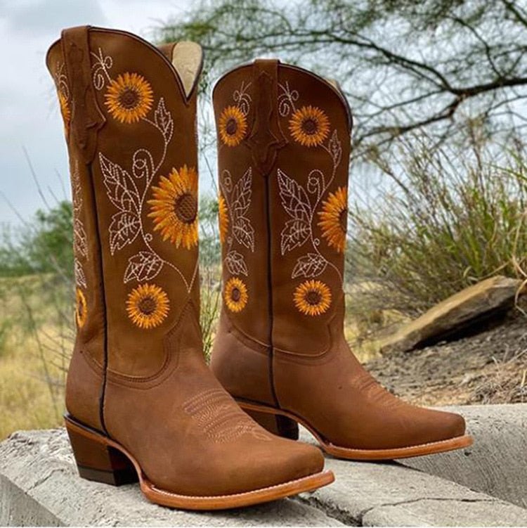 Elisabeth Embroidered Sunflower Cowboy Boots