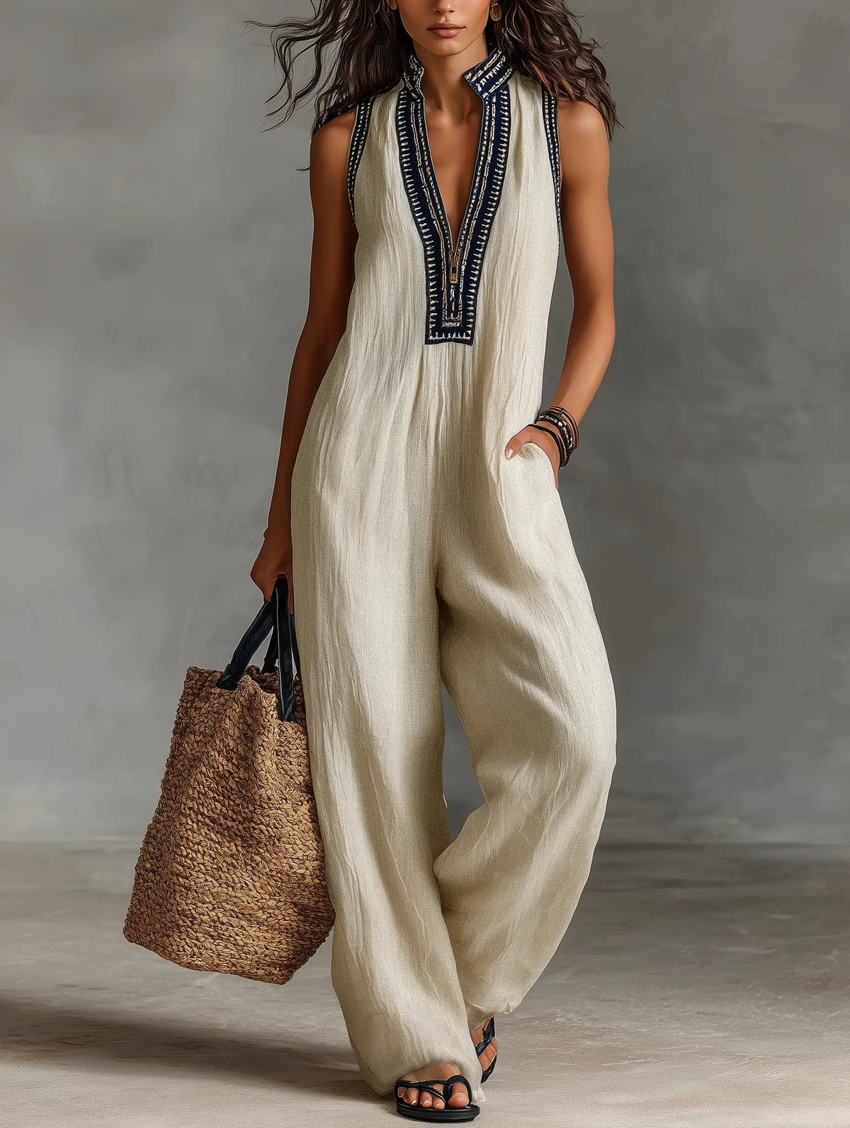 Annika Embroidered Sleeveless Linen Jumpsuit with Stand Collar